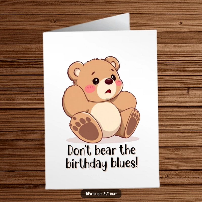 Funny Free Printable Bear Birthday Card: Small cub tripping over its own big paws, looking utterly bewildered and cute.