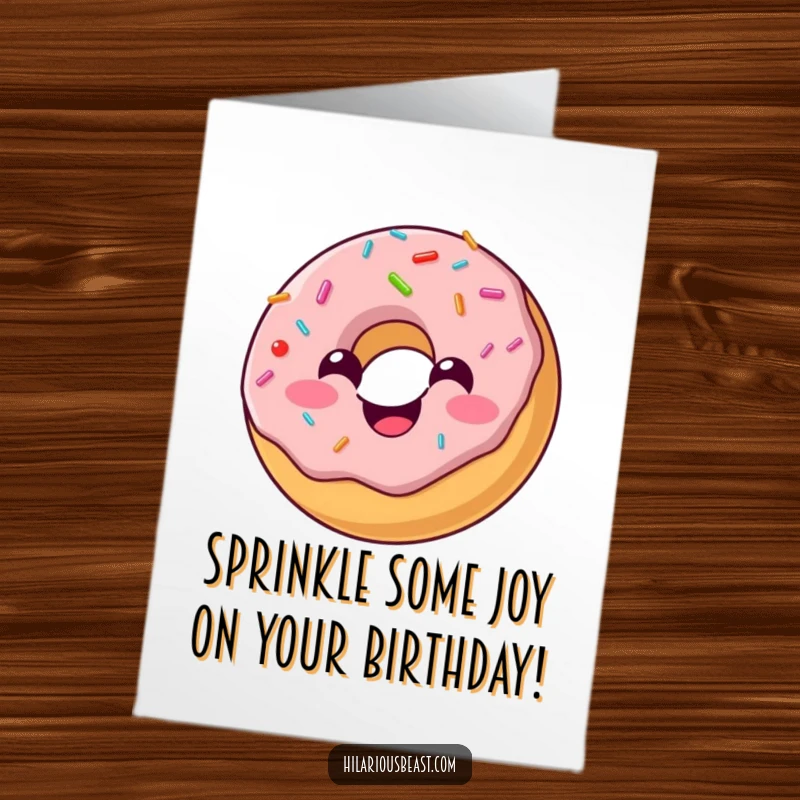 Funny Free Printable Birthday Card featuring a cheerful, round donut with sprinkles bouncing joyfully, ready to celebrate.