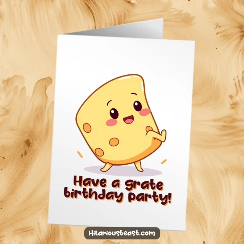 Funny Free Printable Birthday Card featuring a squeaky cheese wedge character hilariously attempting a comical cartwheel, mid-wobble.