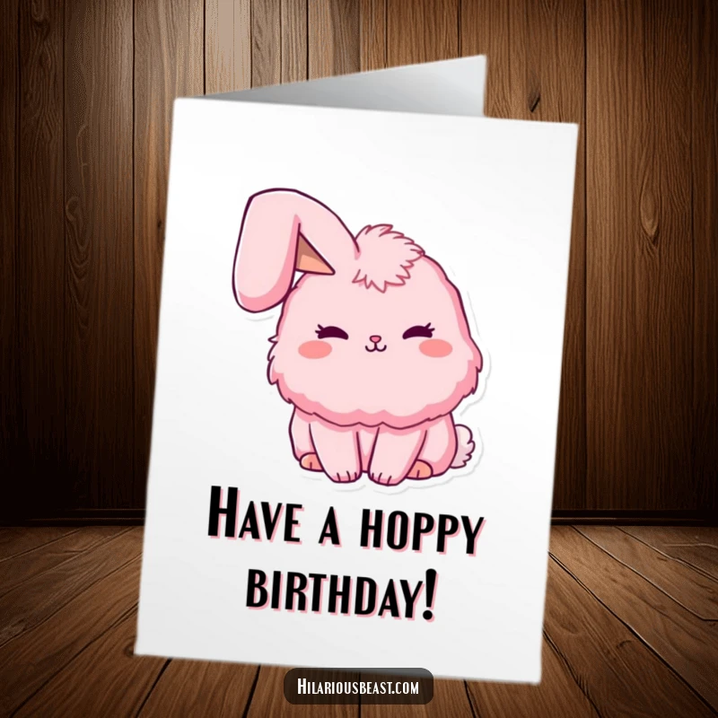 Funny Free Printable Birthday Card showing a fluffy pink bunny with one ear adorably flopped over, looking sweet.
