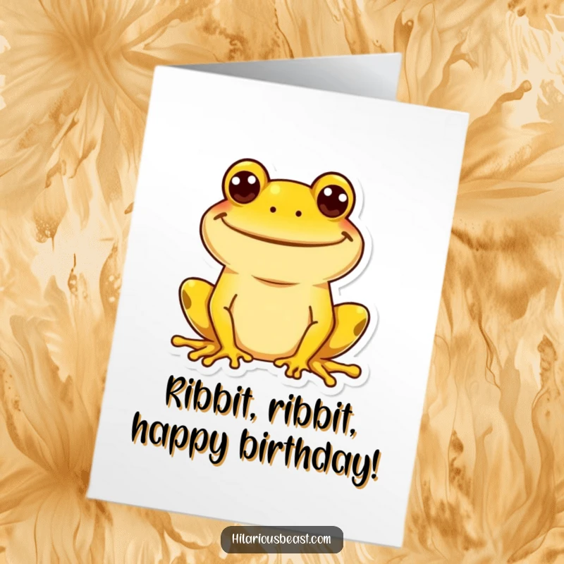 Funny Free Printable Birthday Card featuring a cheerful yellow frog with a huge, goofy grin, ready to party.