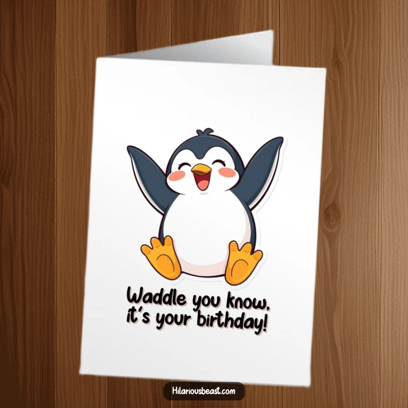 Funny free printable birthday card showcasing a happy penguin flapping its wings with over-the-top excitement, perfect for a joyous occasion.
