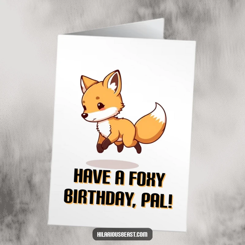 Funny Free Printable Fox Birthday Card: A playful fox cub spinning wildly, chasing its own tail in dizzy circles.