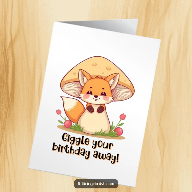 Funny Free Printable Birthday Card: A giggling fox peeks from behind a wobbly mushroom with mischief.
