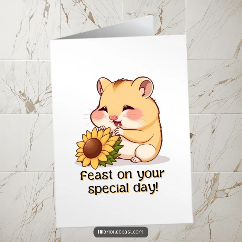 Funny Free Printable Hamster Birthday Card: Contented cub happily munches a sunflower seed.