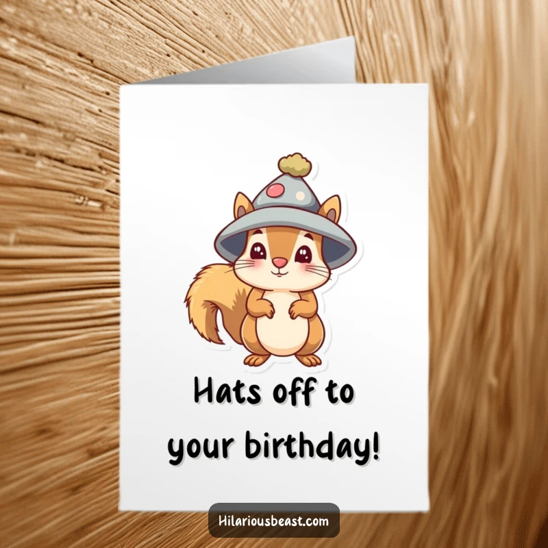 Funny Free Printable Birthday Card featuring a small squirrel in a silly hat, looking utterly bewildered, perfect for laughs.