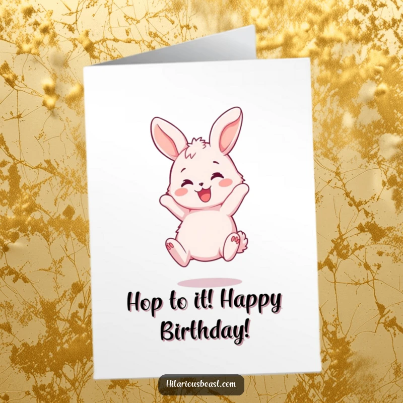 Free Printable Birthday Card: Fluffy pink bunny bouncing with joy, playful floppy ears, happy birthday.