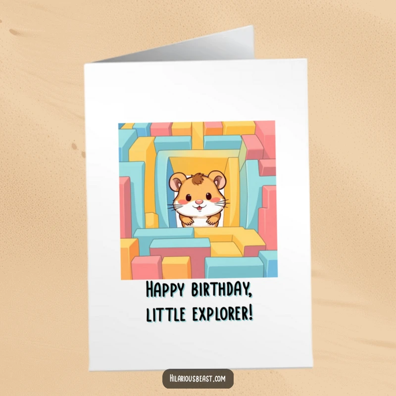 Funny Free Printable Birthday Card: A curious hamster peeking triumphantly out of a vibrant, colorful maze, celebrating the birthday surprise.