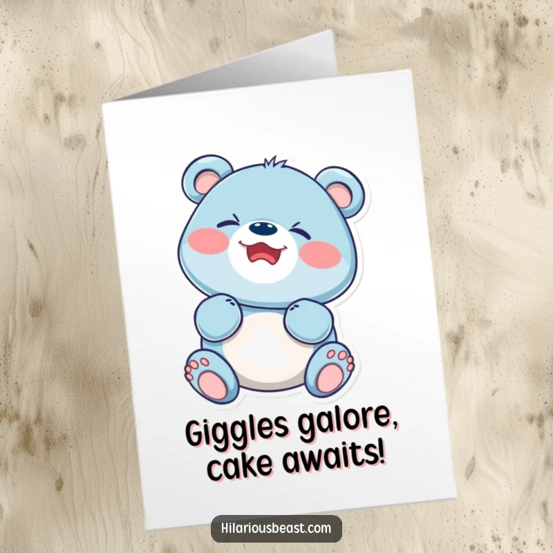 Funny Free Printable birthday card of a round blue bear cub giggling with delight, perfect for a hilarious DIY greeting.