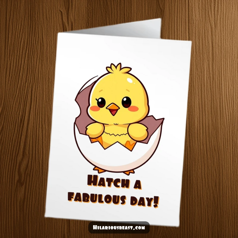 Funny Free Printable birthday card of a yellow chick happily surprised as it hatches from an egg, a cheerful DIY.
