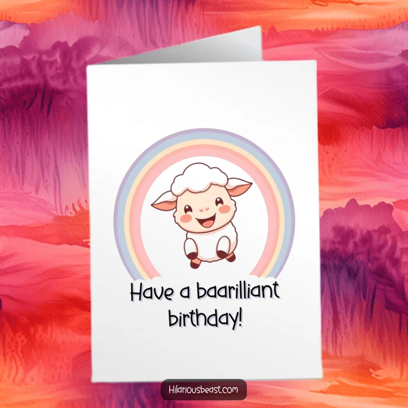 Funny Free Printable Birthday Card: A happy sheep with a wide grin leaps joyfully through a colorful rainbow arc.