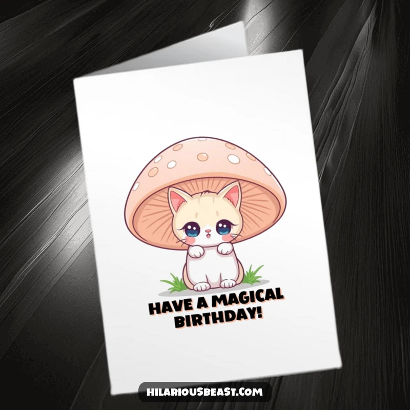 Funny Free Printable Birthday Card: A cat peeking from a giant mushroom with twinkling eyes, magical and cute.