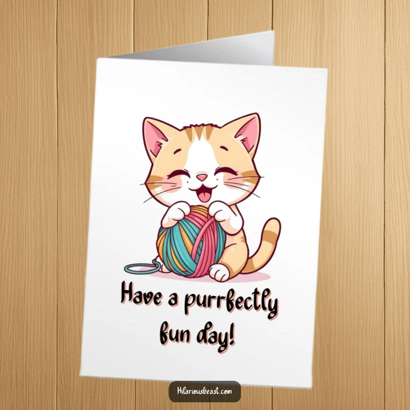 Funny Free Printable Birthday Card: A cheerful cat playfully batting a colorful yarn ball, perfect for cat lovers.