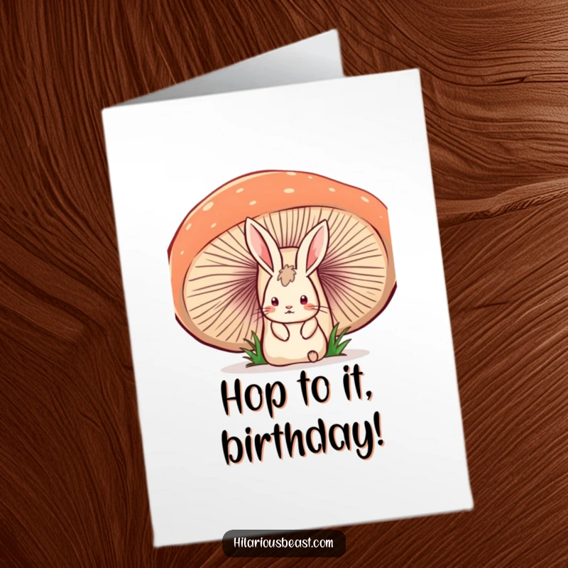 Funny free printable birthday card featuring a startled rabbit peeking from behind a comically large, wobbly mushroom, perfect for a quirky celebration.