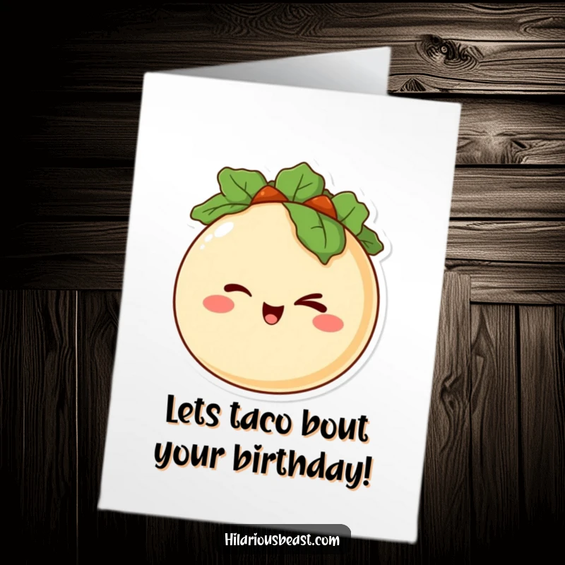 Funny Free Printable Birthday Card featuring a happy, round taco character with a mischievous grin giving a playful wink.