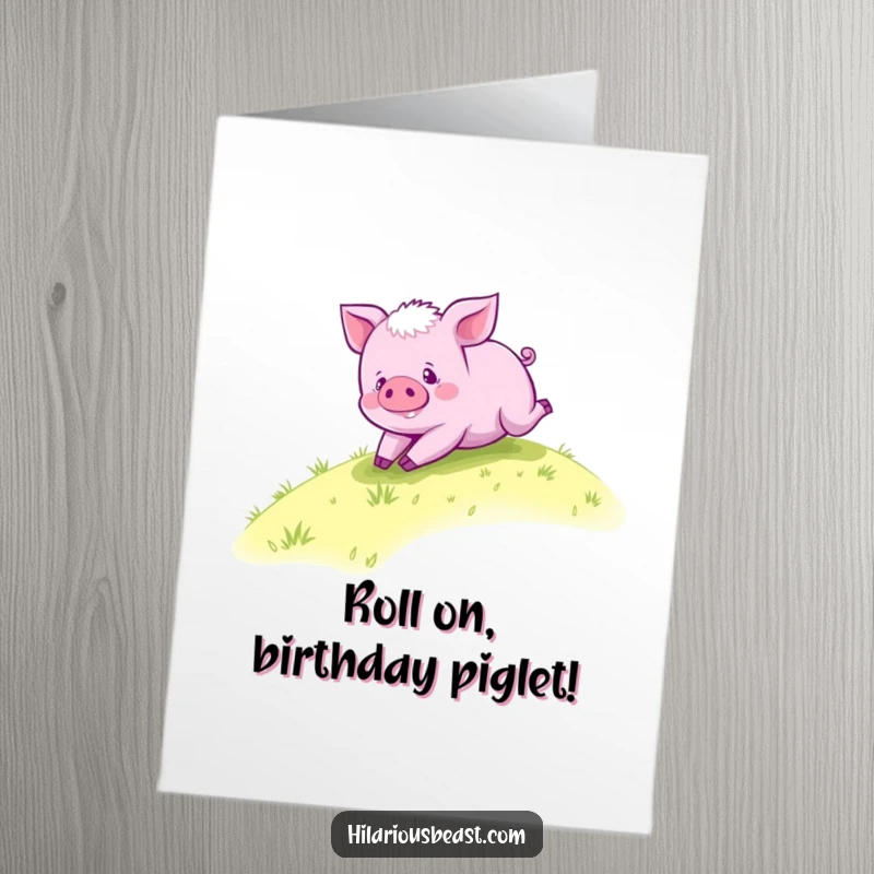 Funny free printable birthday card depicting a purple piglet happily rolling down a grassy hill.