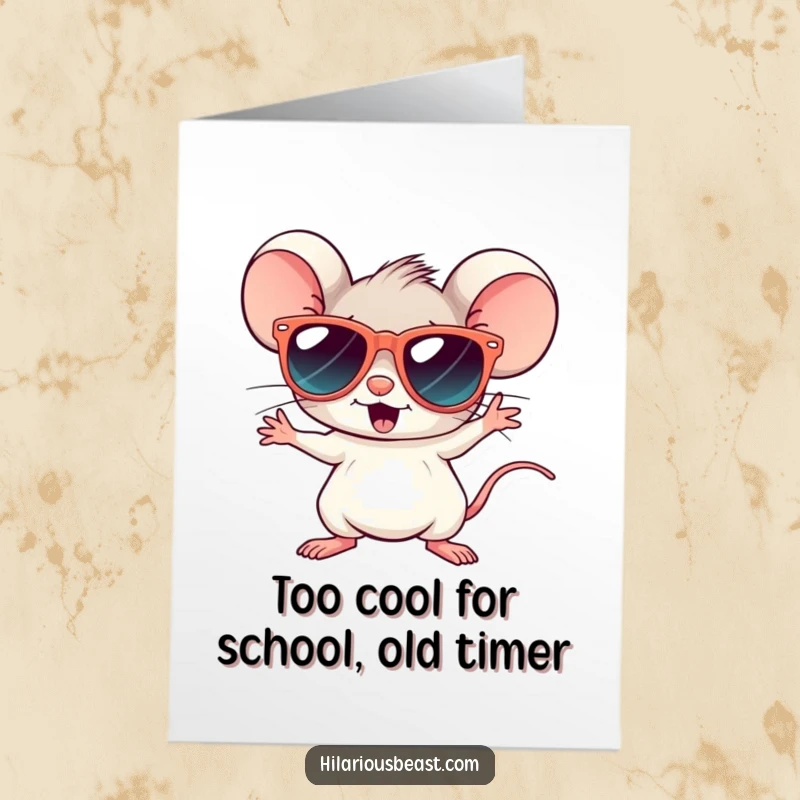 Funny Free Printable Birthday Card: Tiny mouse in oversized sunglasses disco dancing with pure joy.