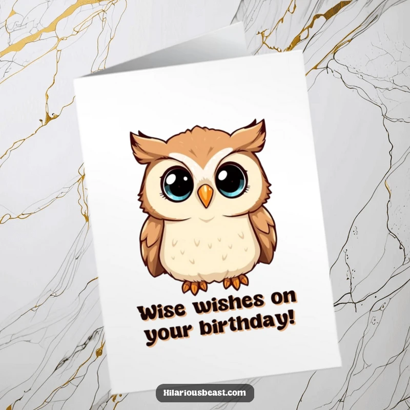 Funny Free Printable Birthday Card: A curious owl tilting its head, wide sparkling eyes full of wonder.