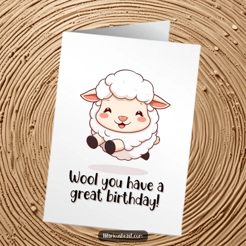 Funny Free Printable sheep birthday card with a silly grin bouncing on its hooves, perfect for a cheerful DIY greeting.