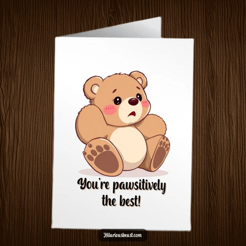 Funny Free Printable Bear Congratulations Card: Clumsy cub tripping, looking bewildered but somehow succeeding, paws in a tangle.