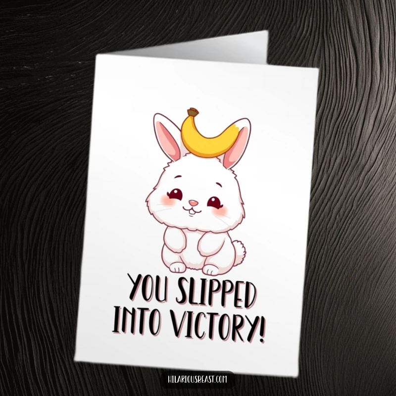 Funny Free Printable congratulations card showing a fluffy bunny wiggling its nose, wearing a petite banana peel hat, celebrating achievements.
