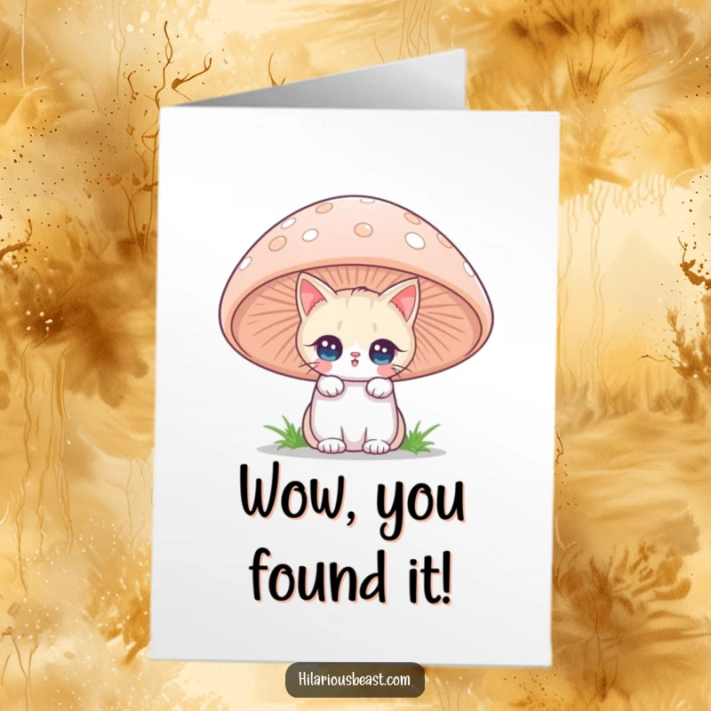 Funny Free Printable Congratulations Card: A curious cat peeking from behind a giant mushroom, enchanting downloadable gift.