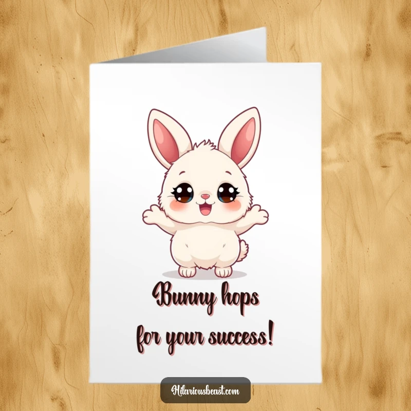 Funny Free Printable Congratulations Card: Fluffy bunny character with big eyes, bouncing joyfully to celebrate your success.