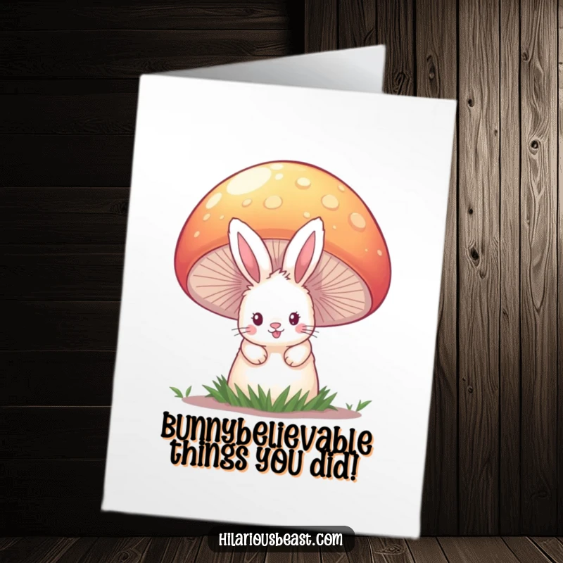 Funny Free Printable Congratulations Card: A fluffy bunny peeks out from behind a large, vibrant mushroom.