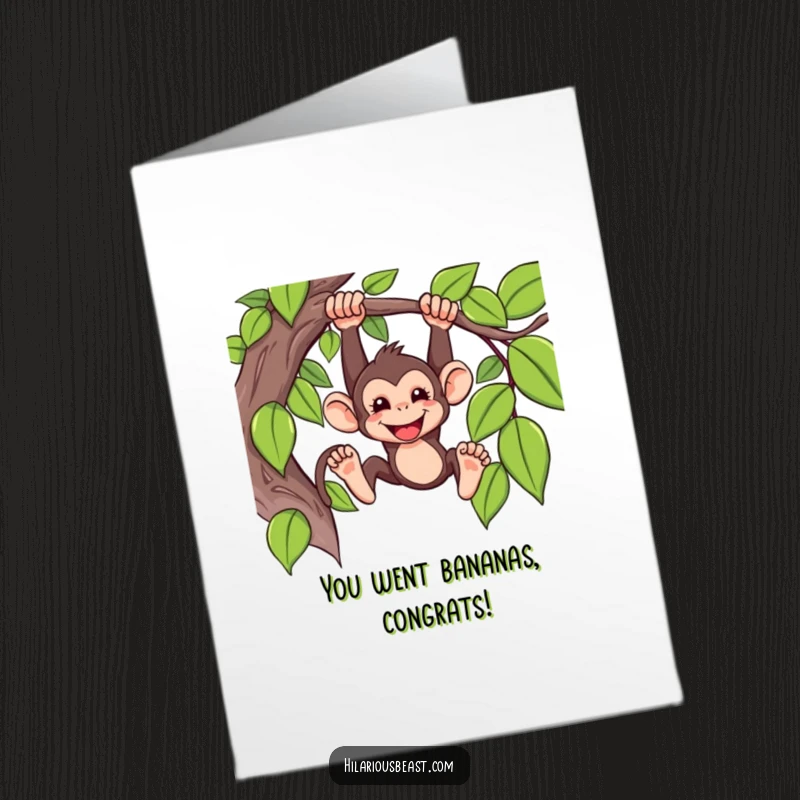 Funny Free Printable Congratulations Card: A mischievous monkey swinging from a vine with a wide grin of accomplishment.