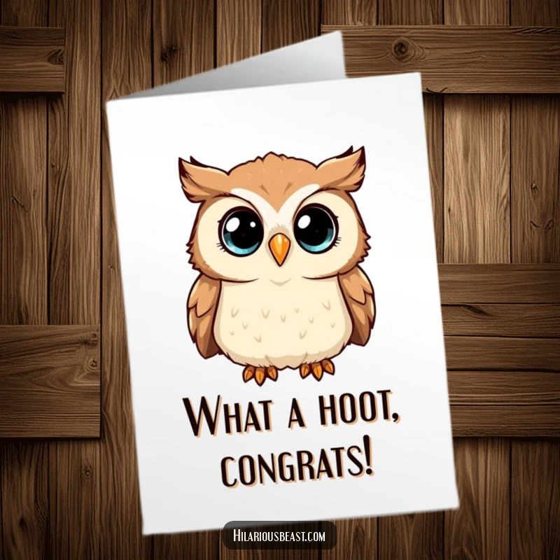Funny Free Printable Congratulations Card: A curious owl tilting its head, eyes sparkling with wonder at their success.