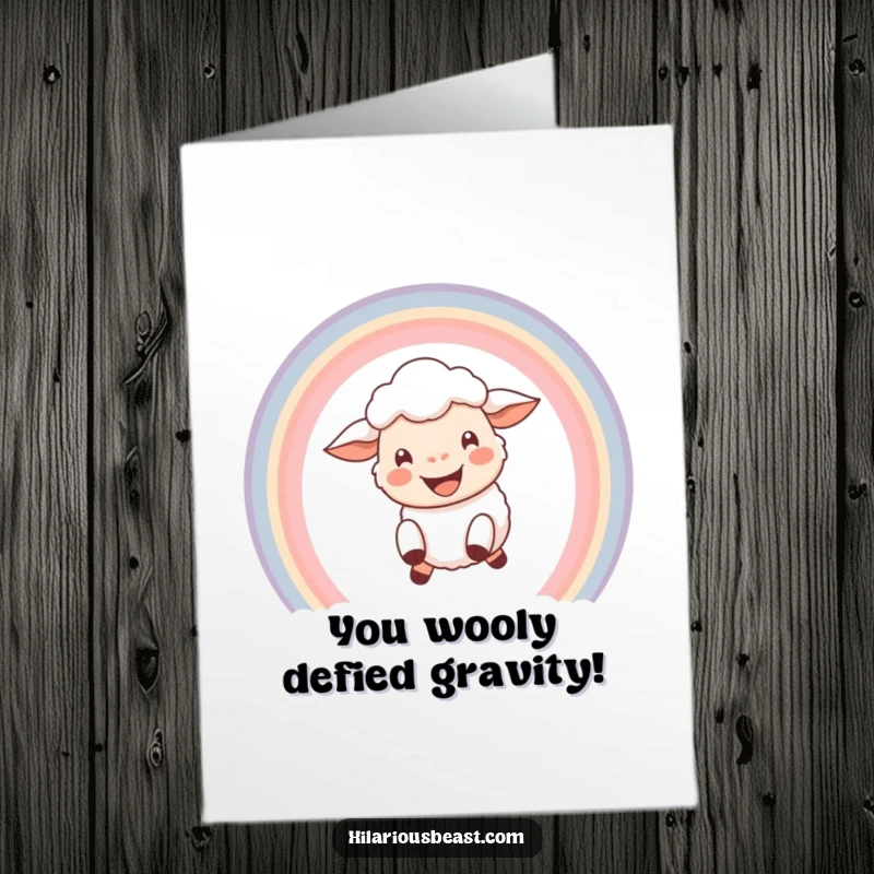 Funny Free Printable Congratulations Card: A happy sheep with a big grin leaps over a rainbow.