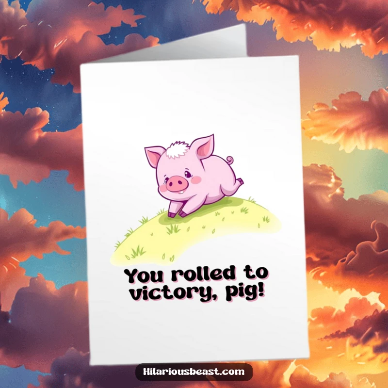 Funny free printable congratulations card of a purple piglet blissfully rolling down a green grassy hill.