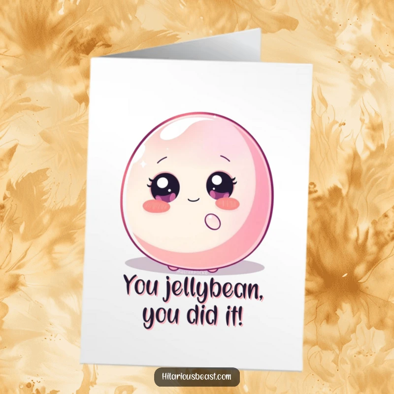 Free Printable Congratulations Card: Shy blob with big eyes peeking behind a wobbly jellybean, a sweet and funny congrats message.