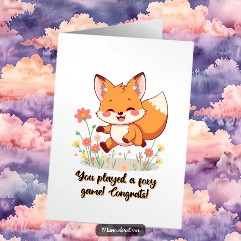 Funny Free Printable Congratulations Card: Smiling fox character leaping joyfully through a field of flowers, celebrating your success.