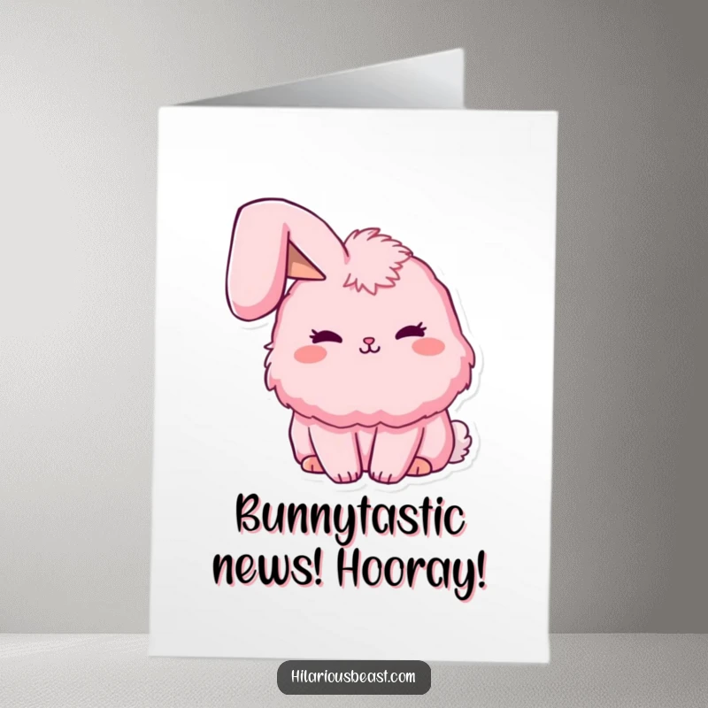 Funny Free Printable Congratulations Card featuring a fluffy pink bunny with one ear flopped, celebrating a success.