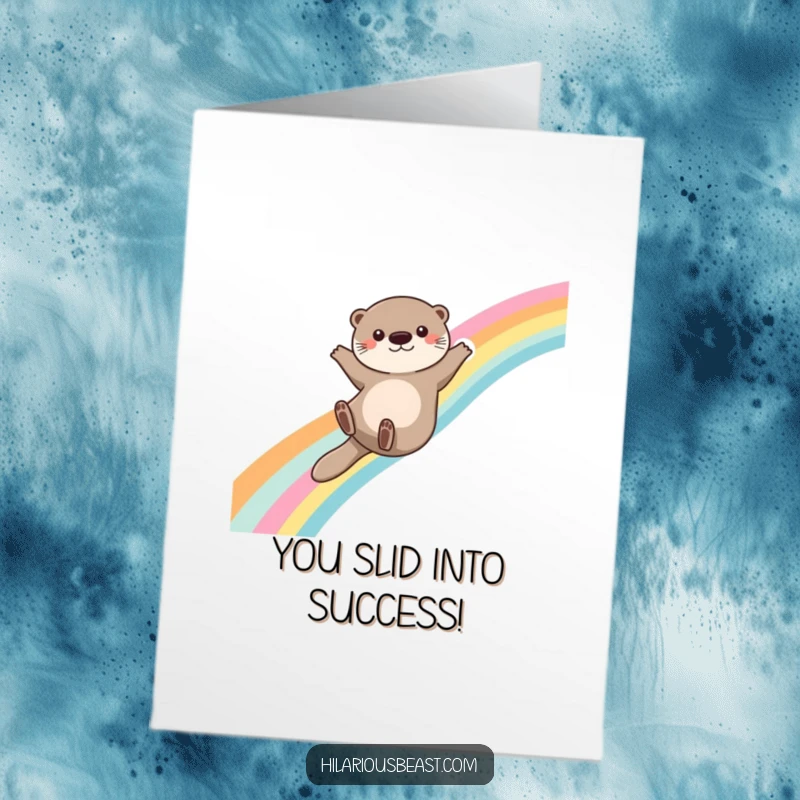 Funny Free Printable Congratulations Card: A cute otter slides down a rainbow, arms wide, celebrating success with a look of pure, unadulterated glee.