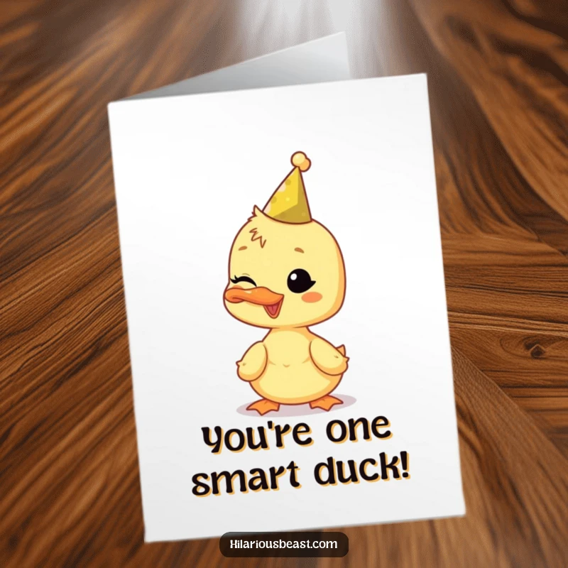Funny Free Printable Congratulations Card: A happy duckling in a party hat winks, celebrating your fantastic achievement with a playful nod.