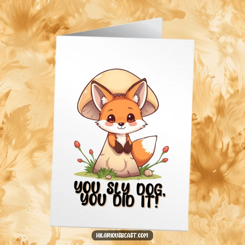 Funny Free Printable Fox Congratulations Card: Mischievous cub peeking out, celebrating a clever success from behind a giant mushroom.
