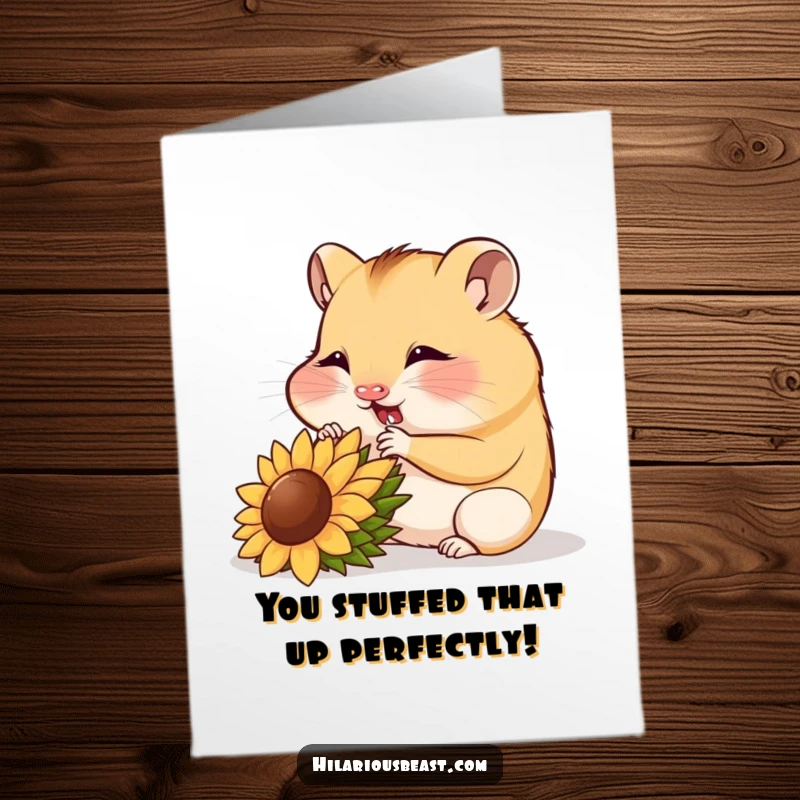 Funny Free Printable Hamster Congratulations Card: Contented cub munches a seed, celebrating success.