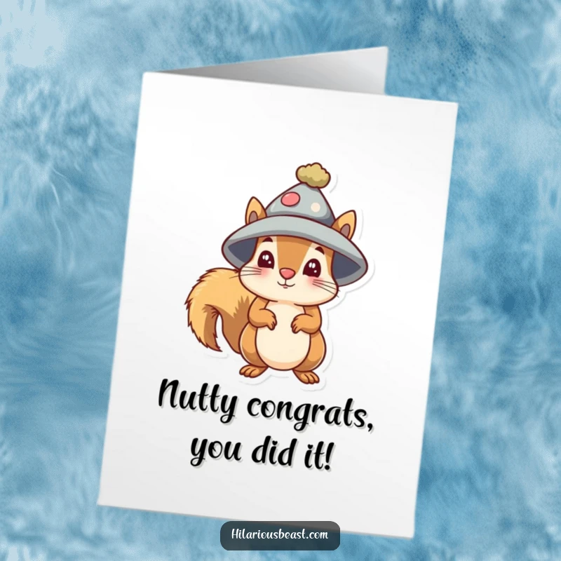 Funny Free Printable Congratulations Card of a squirrel in an oversized hat looking bewildered, a quirky way to celebrate.