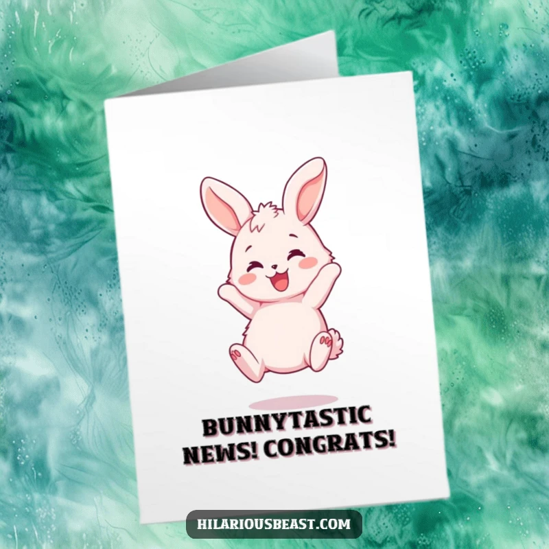 Free Printable Congratulations Card: Fluffy pink bunny bouncing with joy, ears flopping, celebratory happiness.