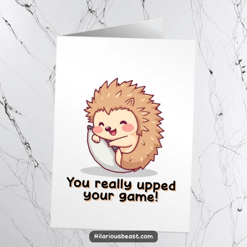 Free printable congratulations card showcasing a cute hedgehog rolling into a ball and popping back up, celebrating success.