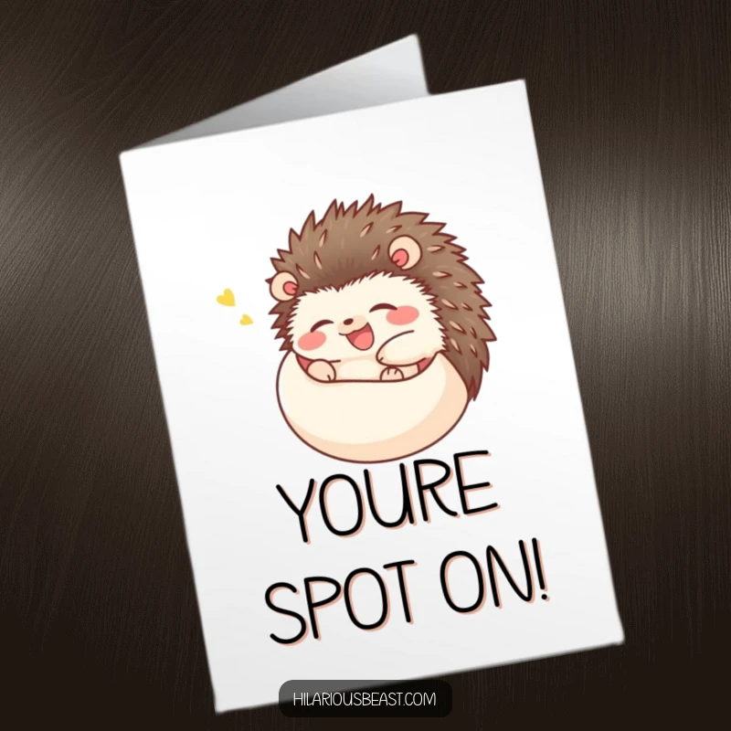 Funny Free Printable Congratulations Card showing a happy hedgehog giggling uncontrollably while rolled into a tight ball.