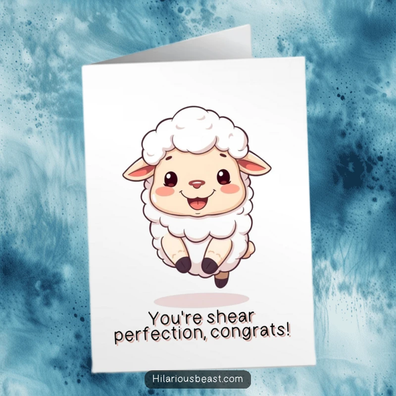 Funny Free Printable Congratulations card with a fluffy sheep bouncing happily on its hooves, celebrating good news.