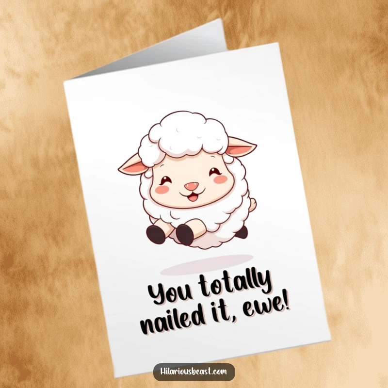 Funny Free Printable sheep congratulations card featuring a silly, bouncing sheep, ideal for a cheerful DIY celebration.