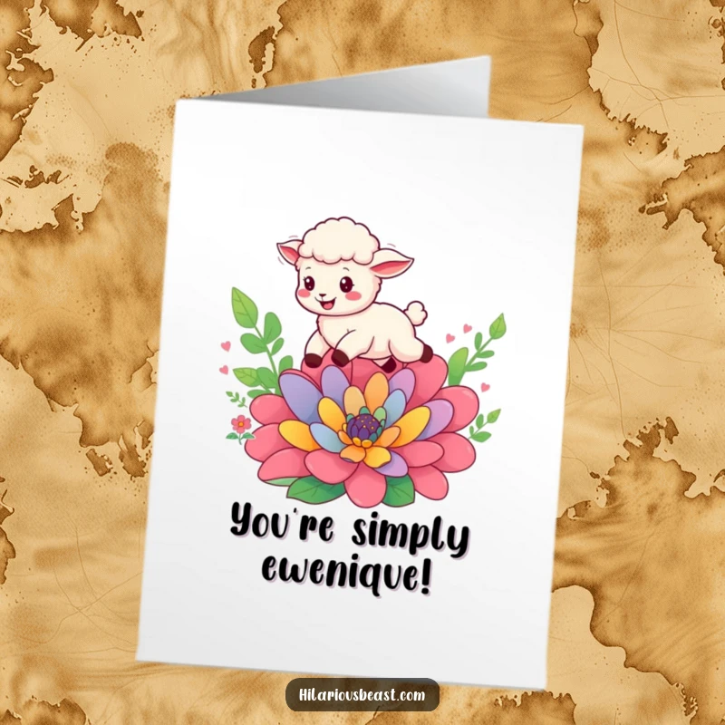 Funny Free Printable Sheep Congratulations Card: Cheerful cub leaping high over a flower, celebrating a fantastic achievement.