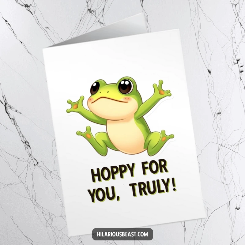 Funny free printable congratulations card featuring a green frog mid-leap with a surprised face, celebrating success. A downloadable cheer!