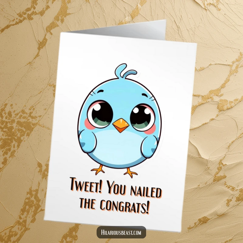 Funny Free Printable Congratulations Card of a blue bird with wide eyes tripping slightly, a fun way to celebrate wins.