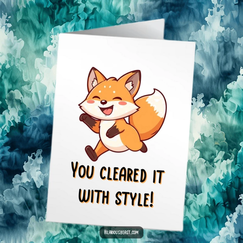 Funny Free Printable Congratulations Card: A happy, grinning fox leaps high with a wagging tail, celebrating a fantastic achievement with pure joy.