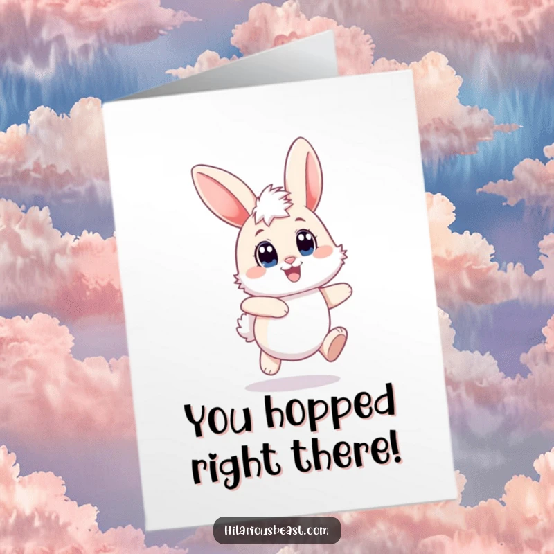 Funny Free Printable Congratulations Card: A happy bunny with floppy ears and wide eyes hops with excitement.